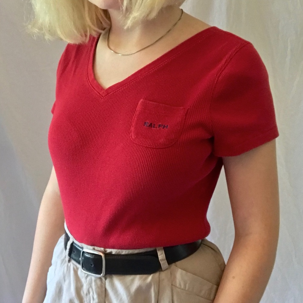 ralph lauren red v neck ribbed pocket tee shirt